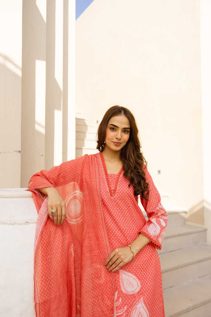 Nehamta Women's Orange Natural Linen Kurta With Palazzo & Dupatta set