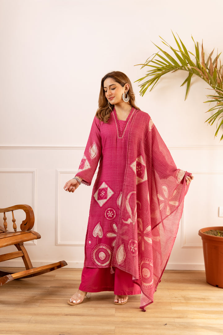 Nehamta Women's Rani Pink Natural Linen Kurta With Palazzo & Dupatta set