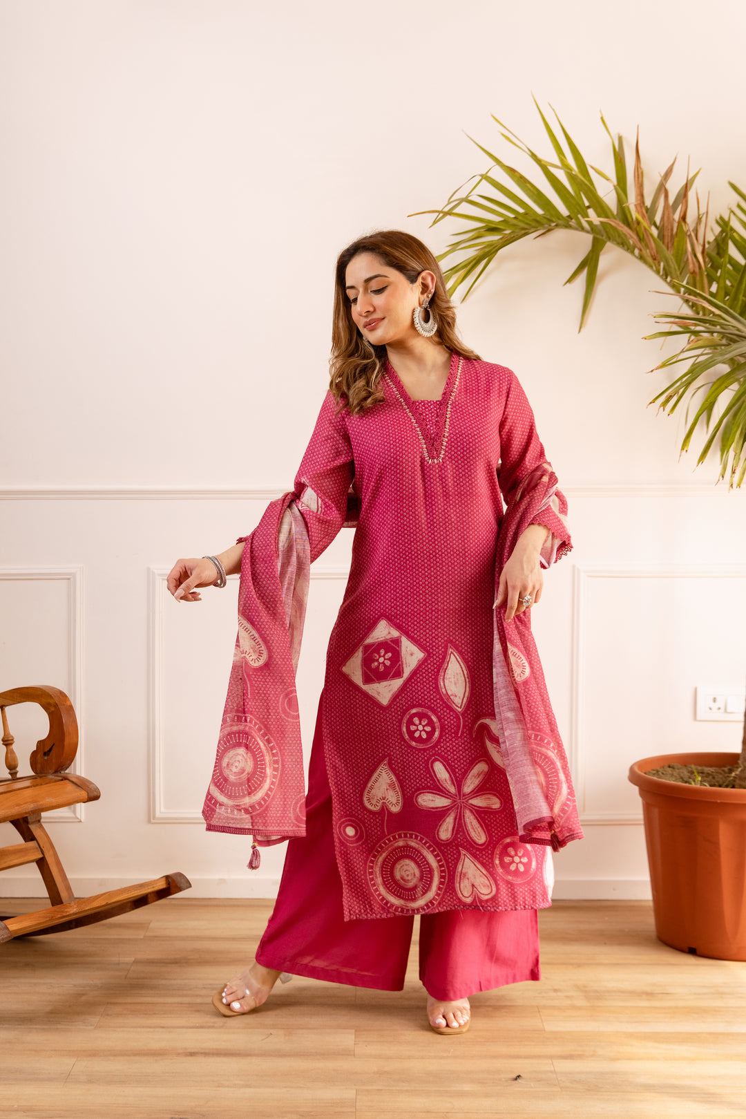 Nehamta Women's Rani Pink Natural Linen Kurta With Palazzo & Dupatta set