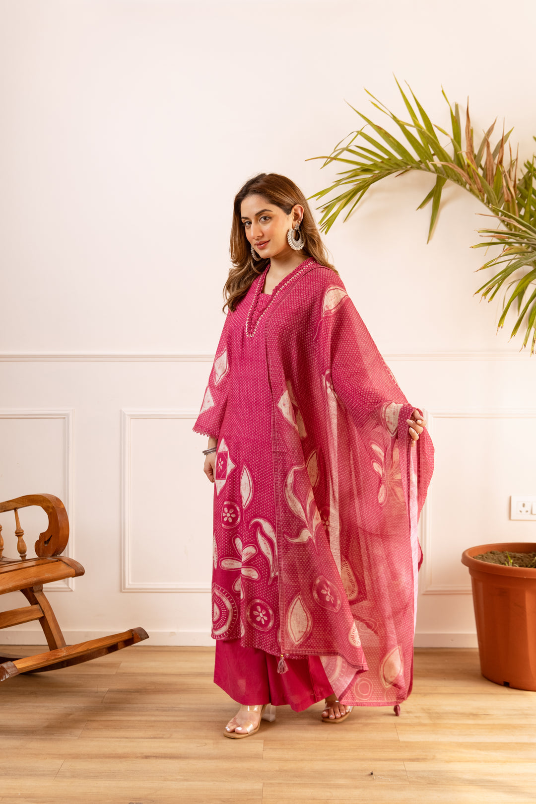 Nehamta Women's Rani Pink Natural Linen Kurta With Palazzo & Dupatta set