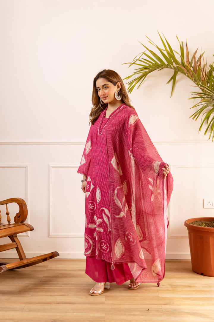 Nehamta Women's Rani Pink Natural Linen Kurta With Palazzo & Dupatta set