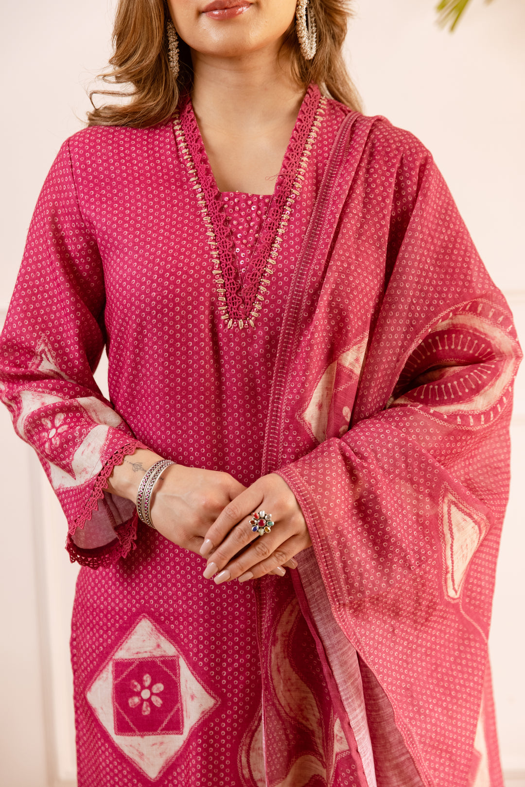 Nehamta Women's Rani Pink Natural Linen Kurta With Palazzo & Dupatta set