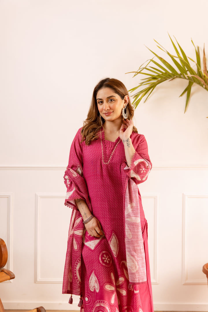 Nehamta Women's Rani Pink Natural Linen Kurta With Palazzo & Dupatta set