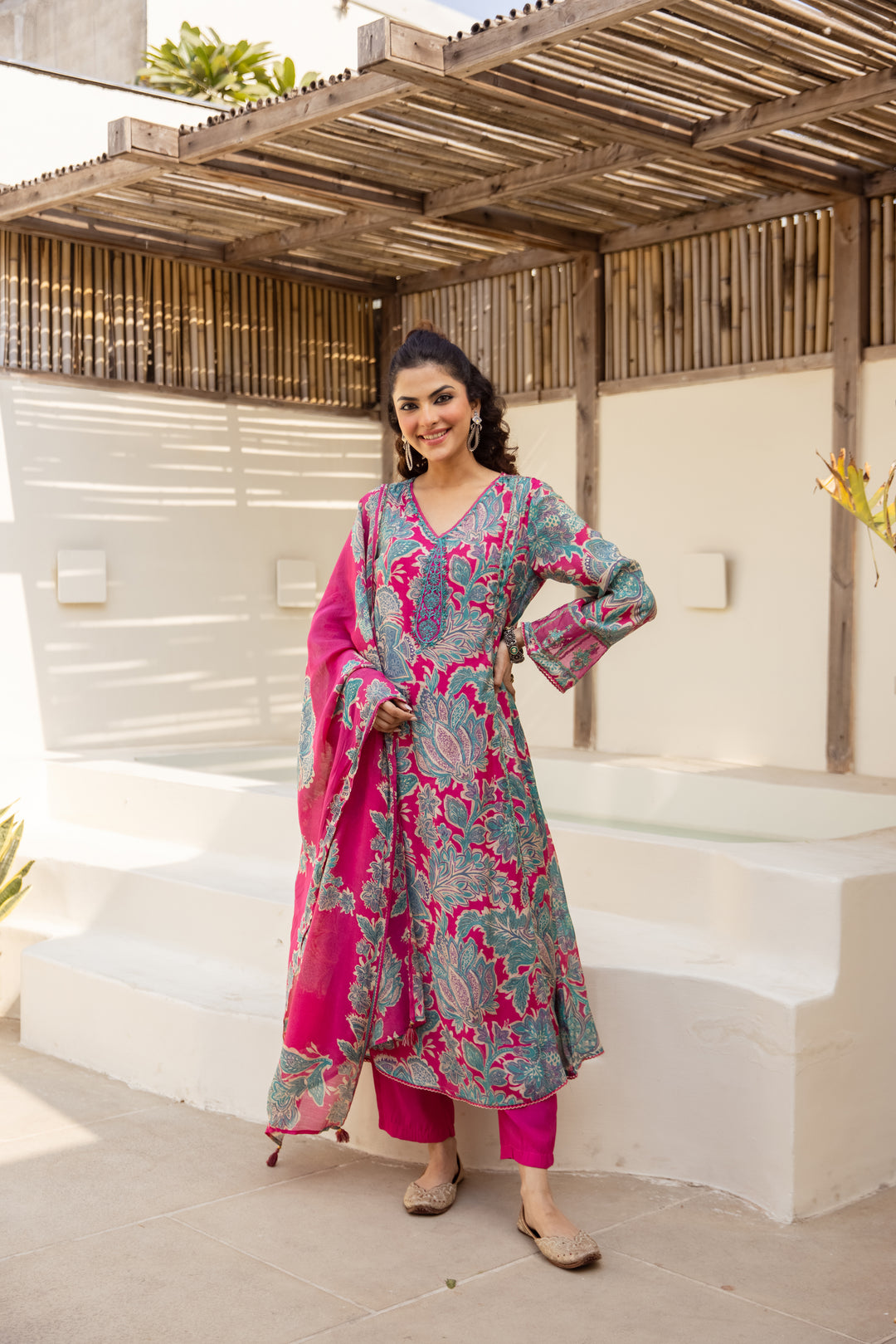 Nehamta Women's Grey Mulmul Chanderi Kurta With Pant & Dupatta set