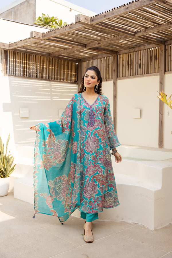 Nehamta Women's Turquoise Blue Mulmul Chanderi Kurta With Pant & Dupatta set