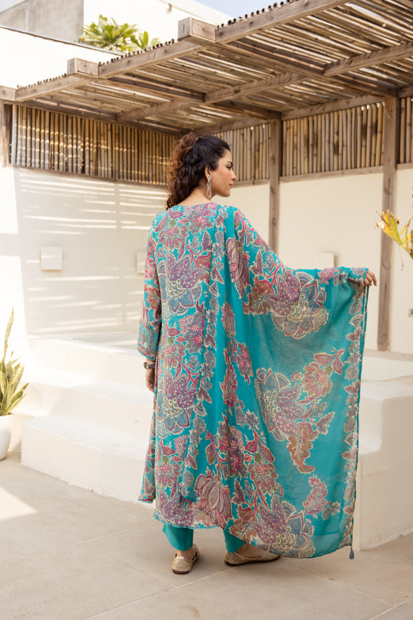 Nehamta Women's Turquoise Blue Mulmul Chanderi Kurta With Pant & Dupatta set