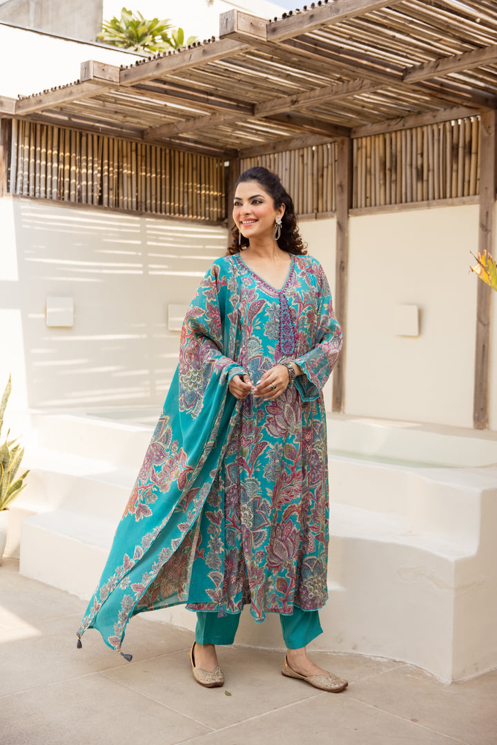Nehamta Women's Turquoise Blue Mulmul Chanderi Kurta With Pant & Dupatta set
