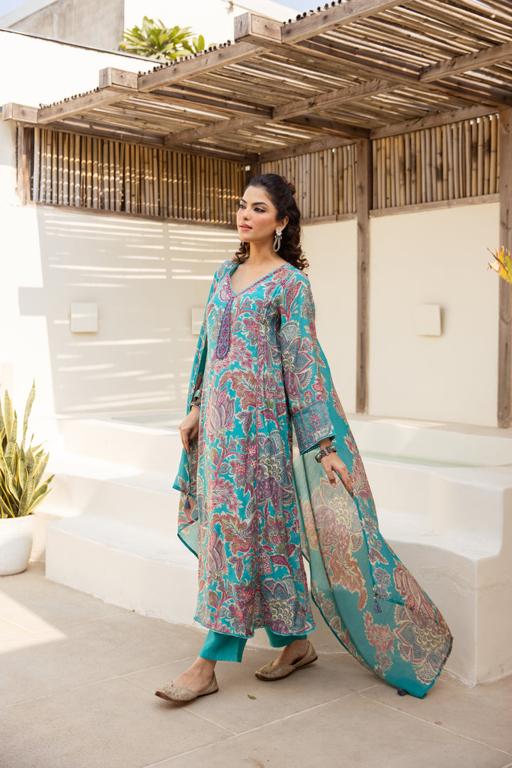 Nehamta Women's Turquoise Blue Mulmul Chanderi Kurta With Pant & Dupatta set