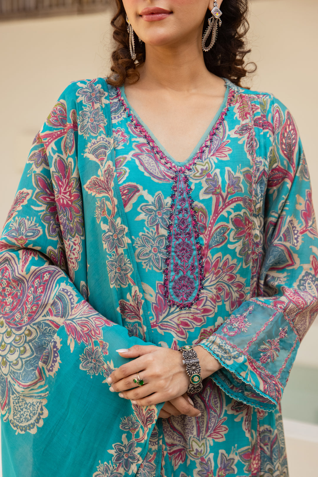 Nehamta Women's Turquoise Blue Mulmul Chanderi Kurta With Pant & Dupatta set