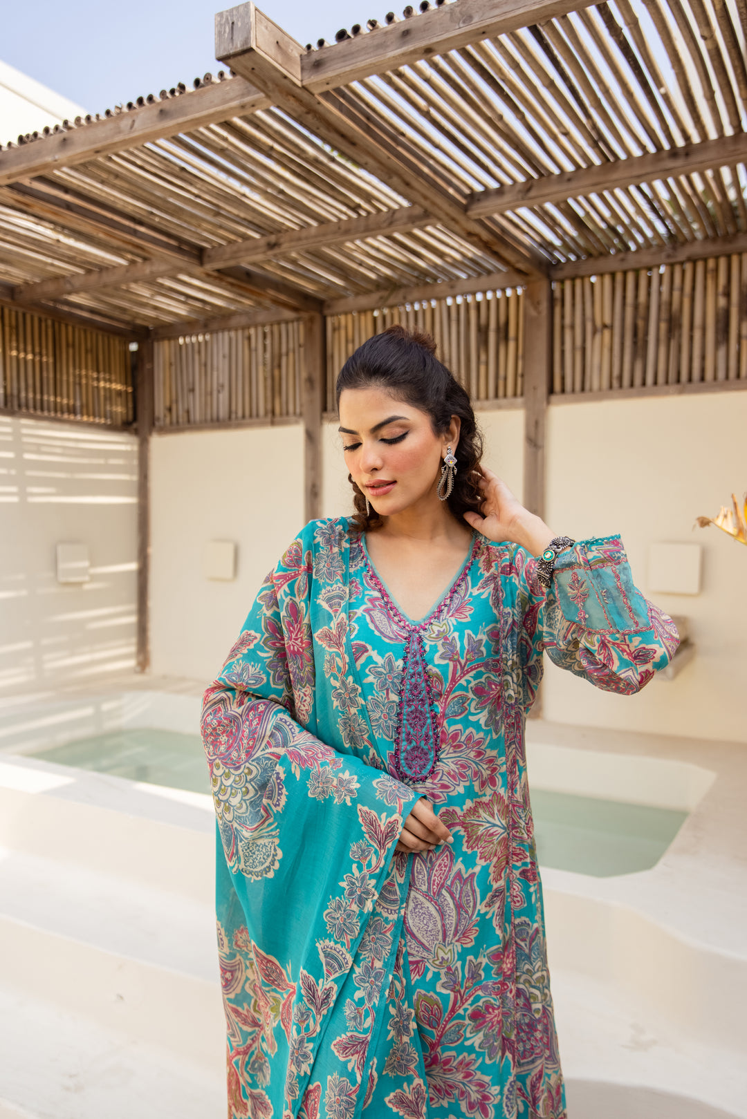 Nehamta Women's Turquoise Blue Mulmul Chanderi Kurta With Pant & Dupatta set