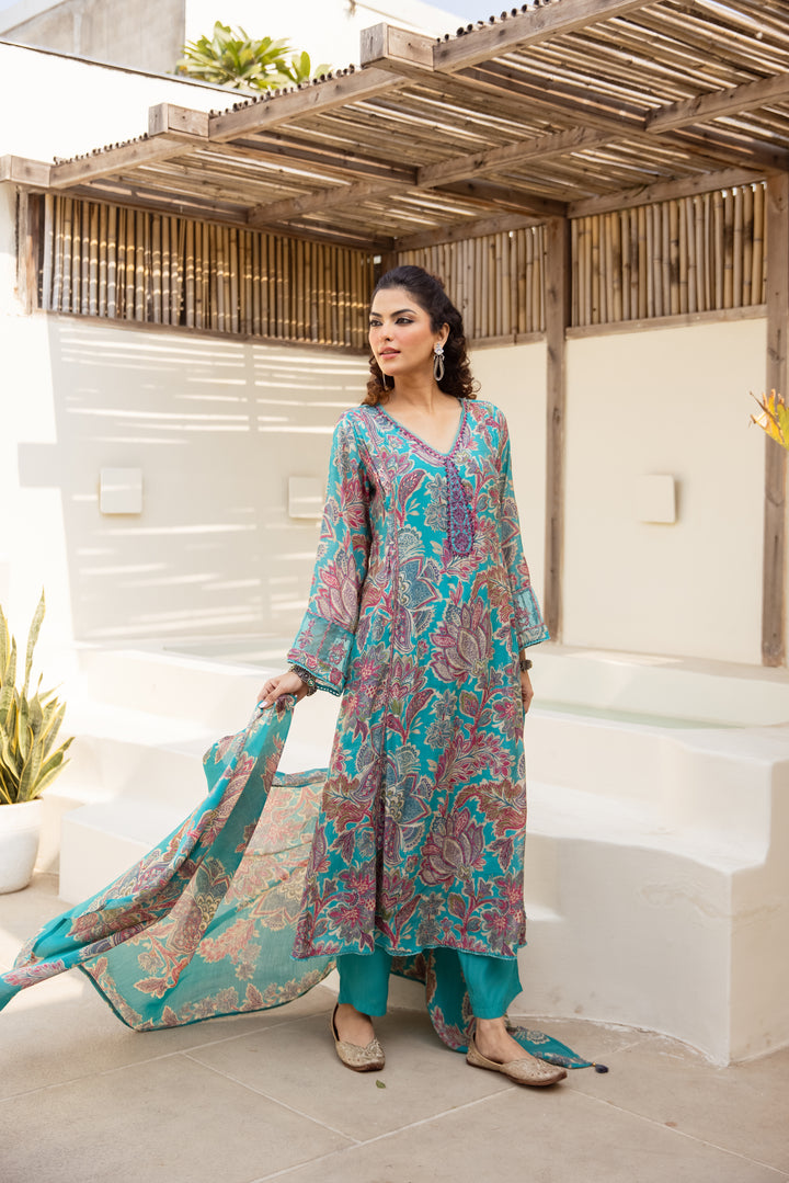 Nehamta Women's Turquoise Blue Mulmul Chanderi Kurta With Pant & Dupatta set