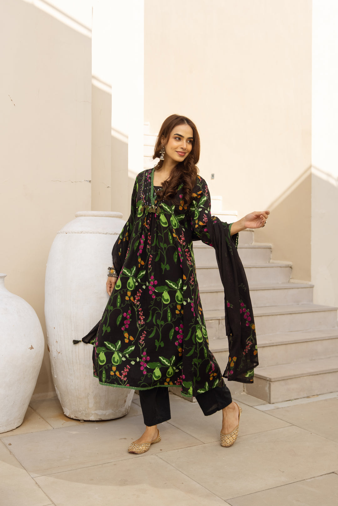 Nehamta Women's Black Cotton 60*60 Kurta With Pant & Dupatta set