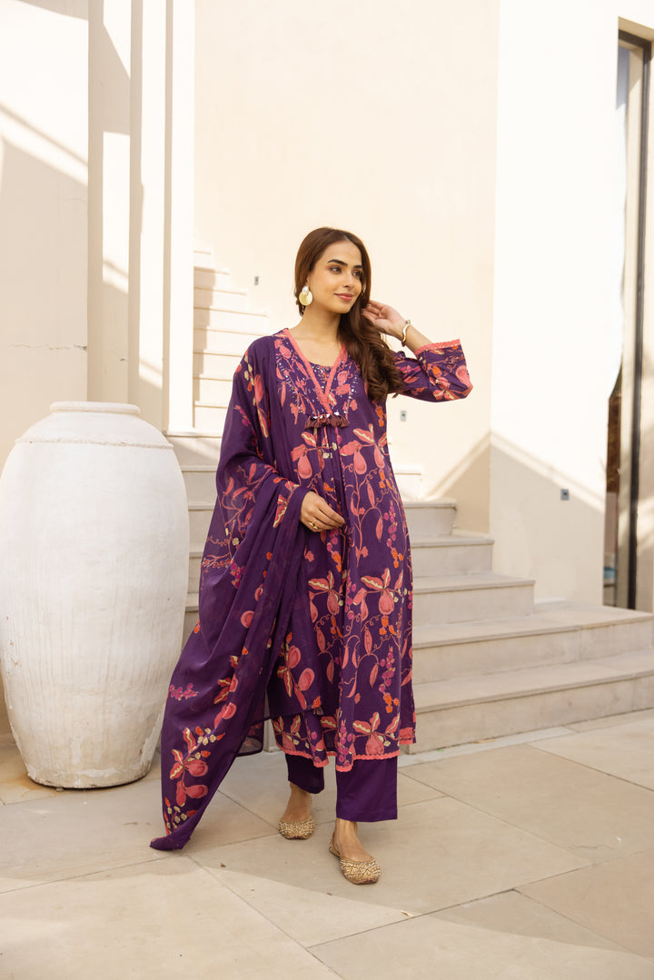 Nehamta Women's Purple Cotton 60*60 Kurta With Pant & Dupatta set
