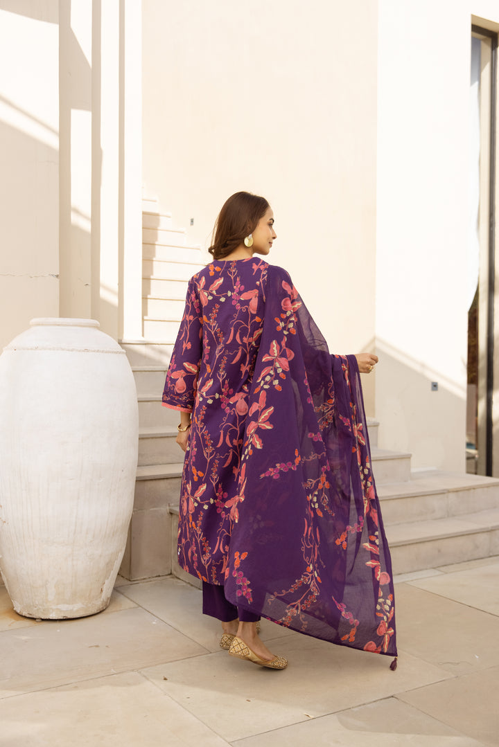 Nehamta Women's Purple Cotton 60*60 Kurta With Pant & Dupatta set