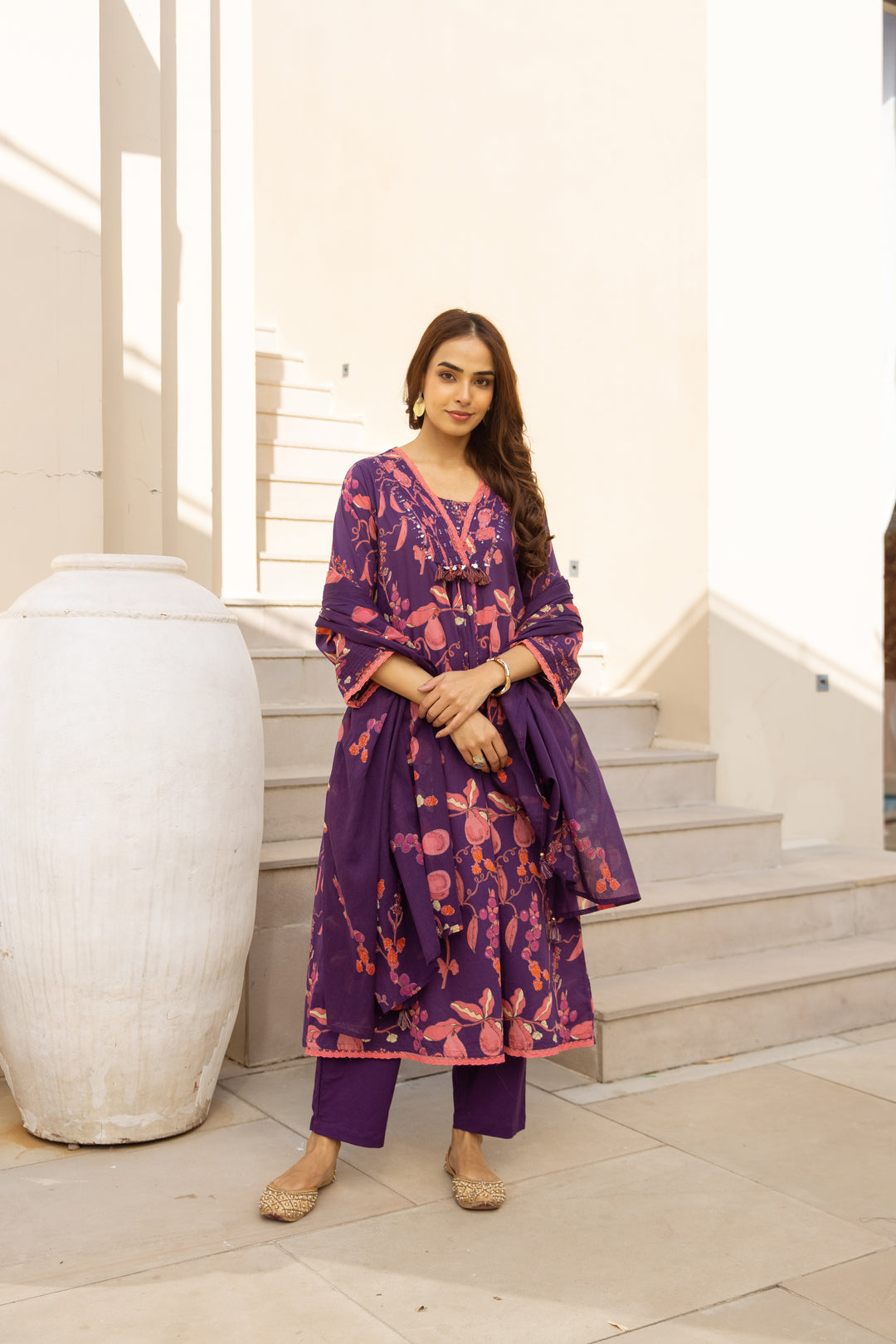 Nehamta Women's Purple Cotton 60*60 Kurta With Pant & Dupatta set