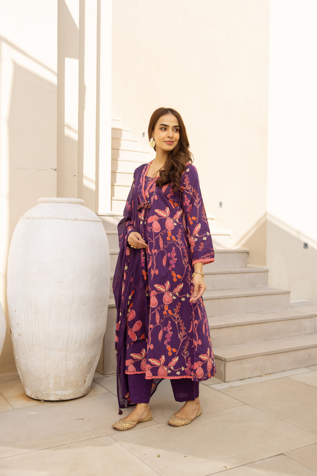 Nehamta Women's Purple Cotton 60*60 Kurta With Pant & Dupatta set