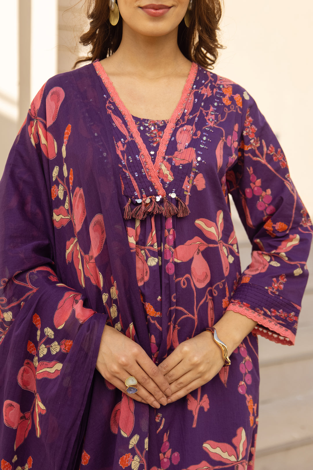 Nehamta Women's Purple Cotton 60*60 Kurta With Pant & Dupatta set