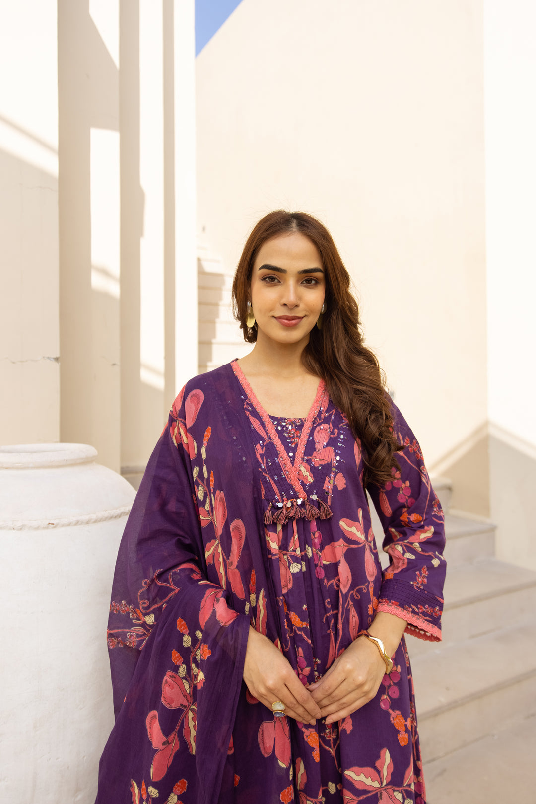 Nehamta Women's Purple Cotton 60*60 Kurta With Pant & Dupatta set