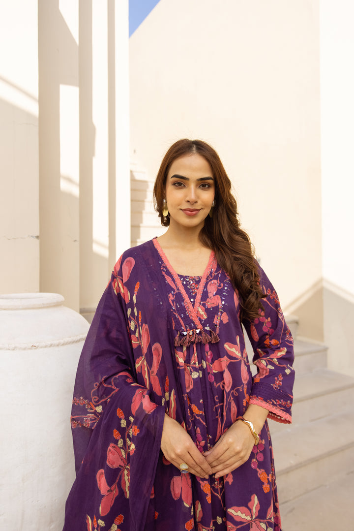 Nehamta Women's Purple Cotton 60*60 Kurta With Pant & Dupatta set