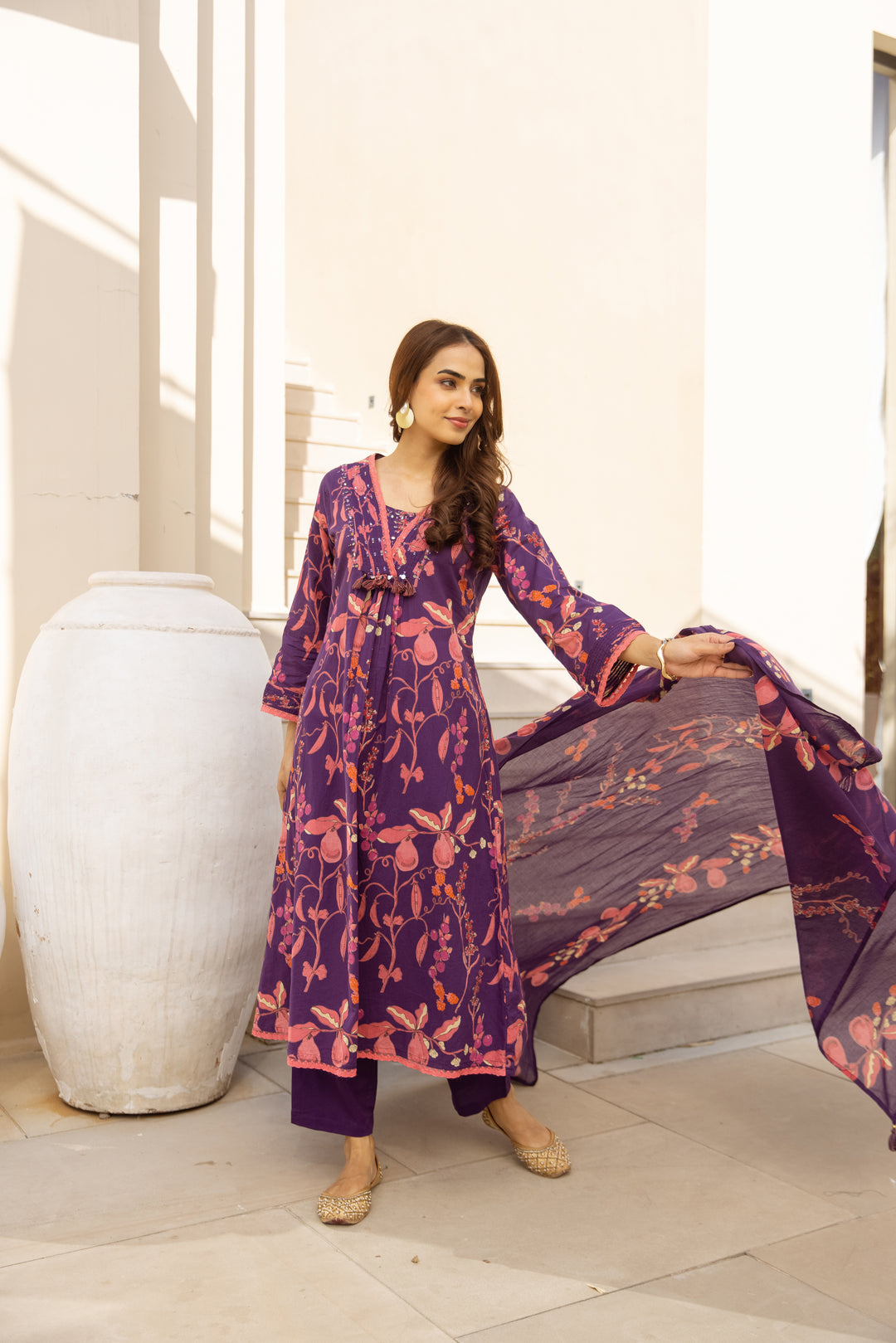 Nehamta Women's Purple Cotton 60*60 Kurta With Pant & Dupatta set