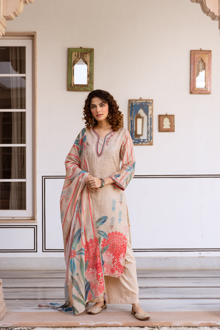 Nehamta Women's Beige Linen Flex Kurta With Palazzo & Dupatta set