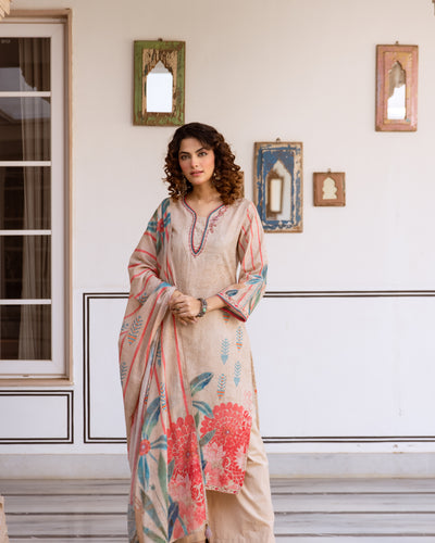 Nehamta Women's Beige Linen Flex Kurta With Palazzo & Dupatta set