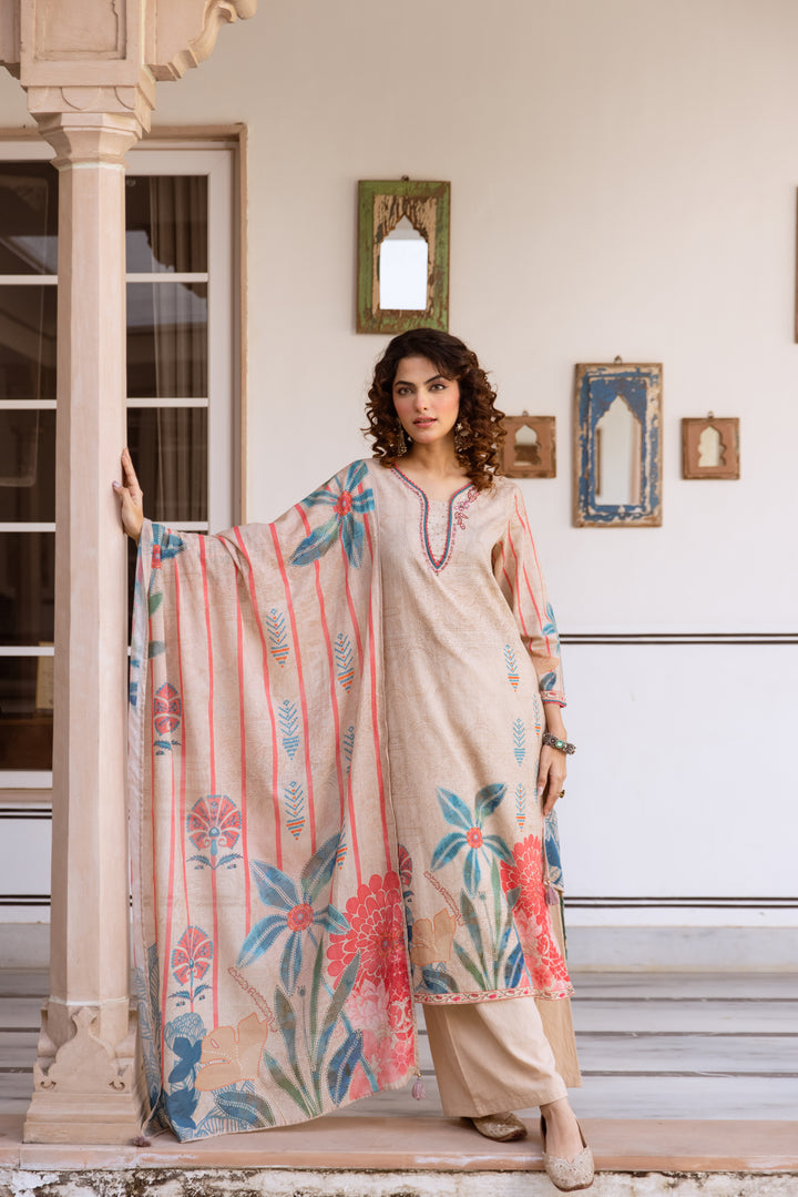 Nehamta Women's Beige Linen Flex Kurta With Palazzo & Dupatta set