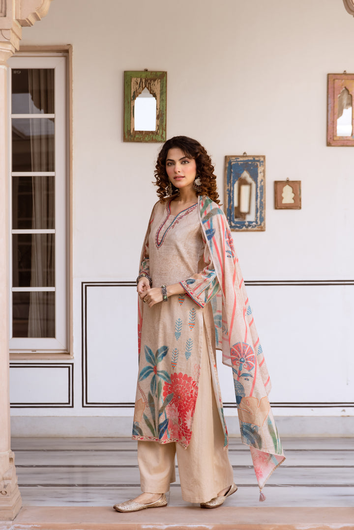 Nehamta Women's Beige Linen Flex Kurta With Palazzo & Dupatta set