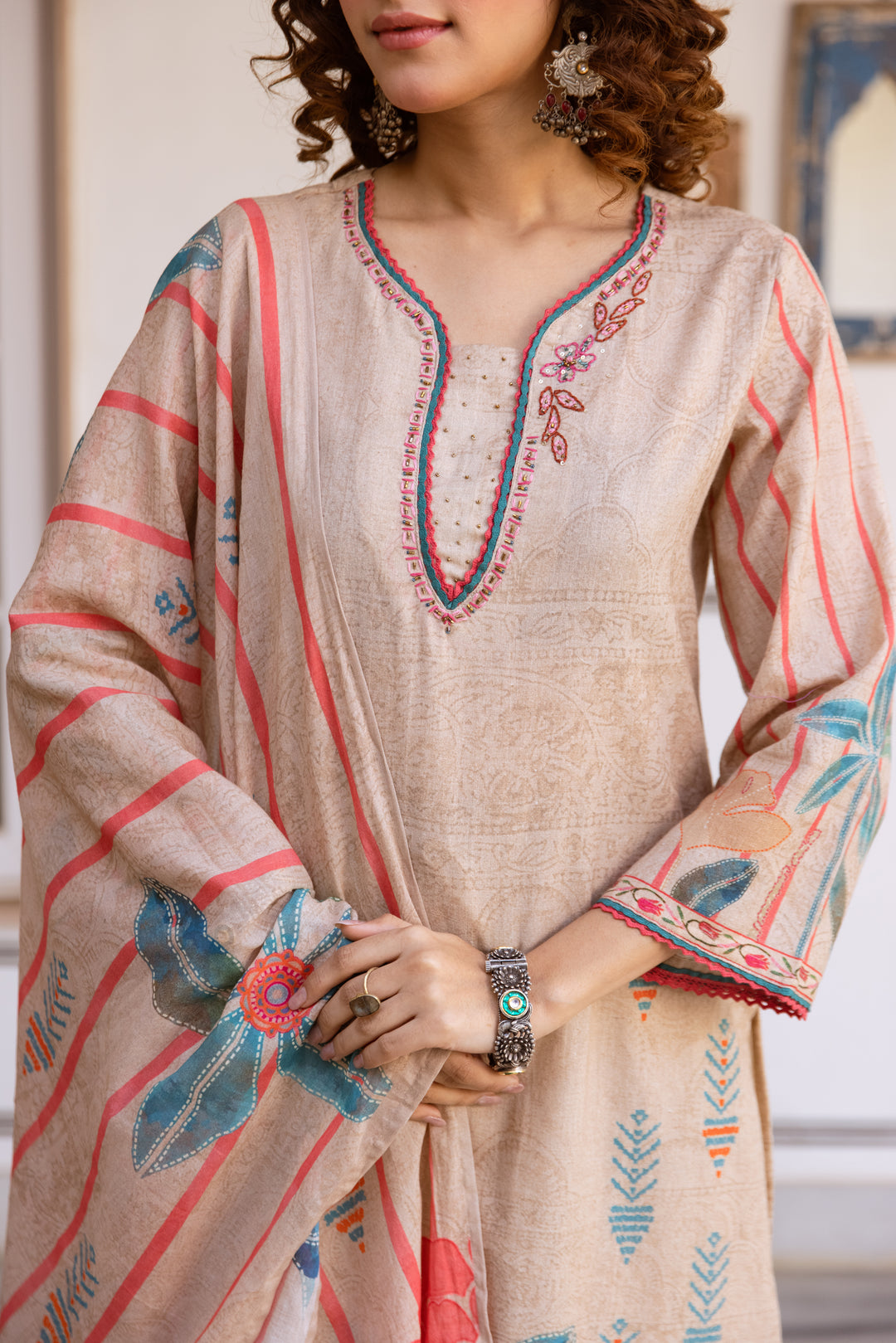 Nehamta Women's Beige Linen Flex Kurta With Palazzo & Dupatta set