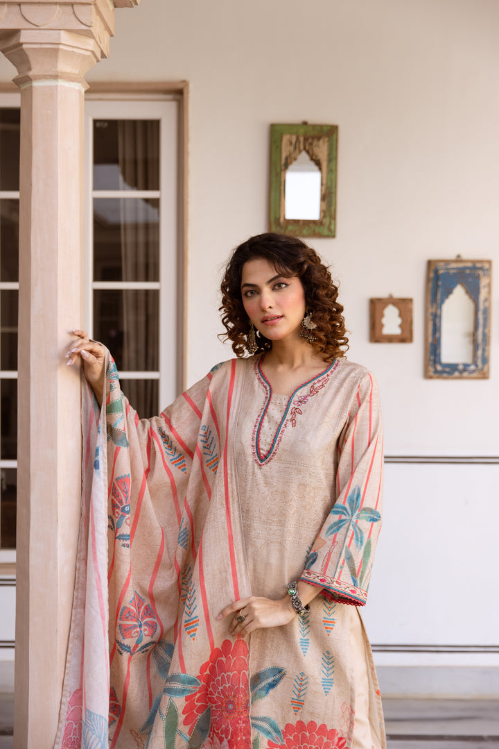 Nehamta Women's Beige Linen Flex Kurta With Palazzo & Dupatta set