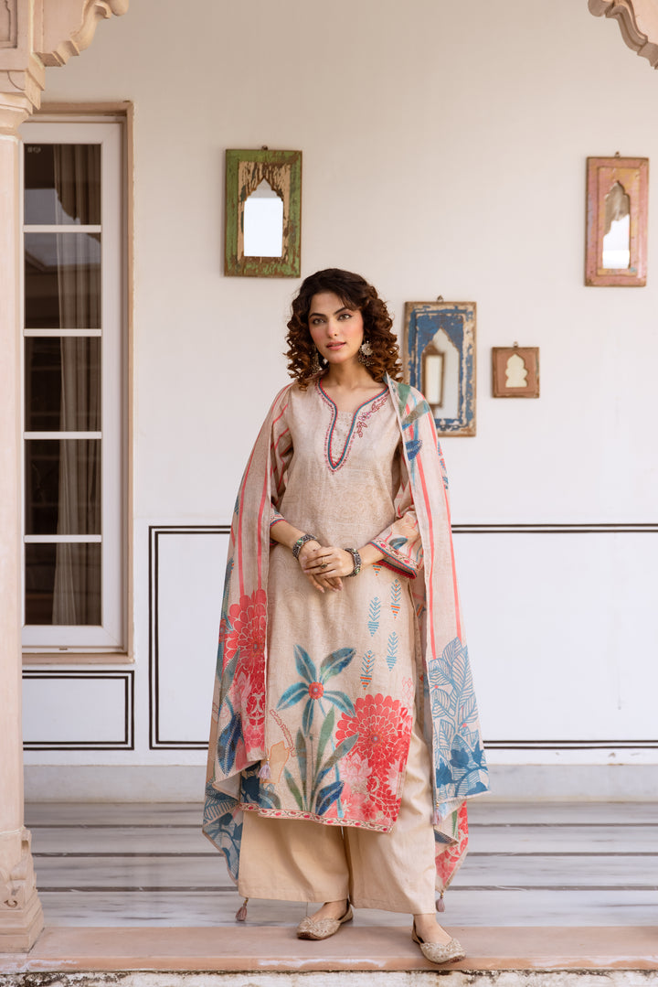 Nehamta Women's Beige Linen Flex Kurta With Palazzo & Dupatta set