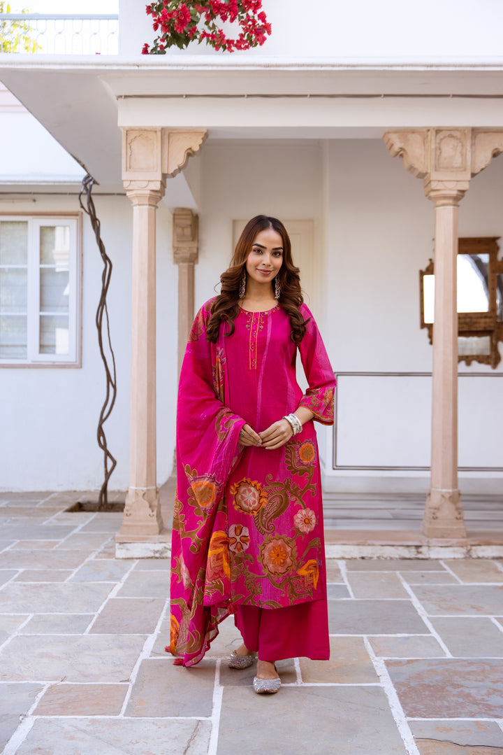 Nehamta Women's Rani Pink Linen Flex Kurta With Palazzo & Dupatta set