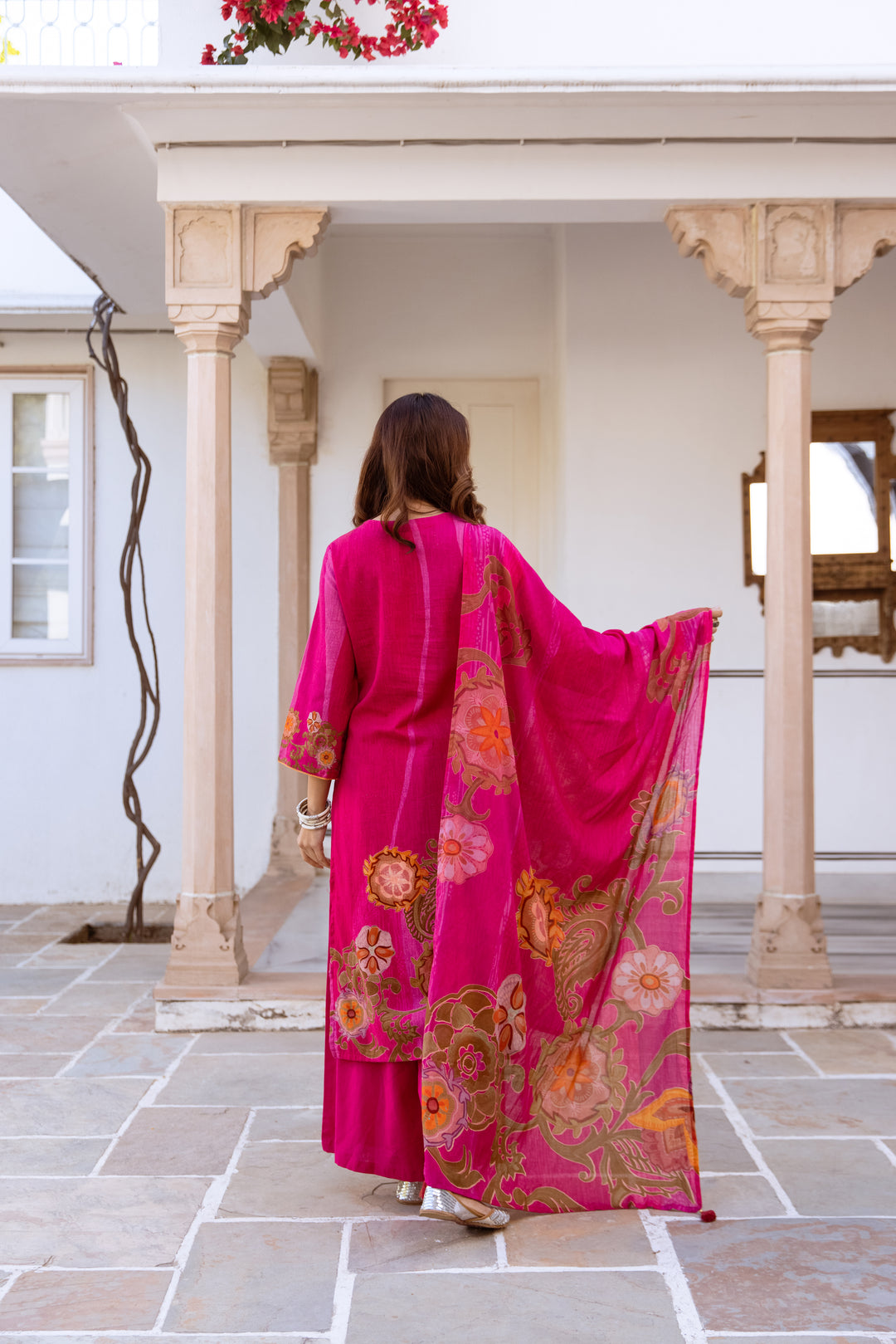 Nehamta Women's Rani Pink Linen Flex Kurta With Palazzo & Dupatta set
