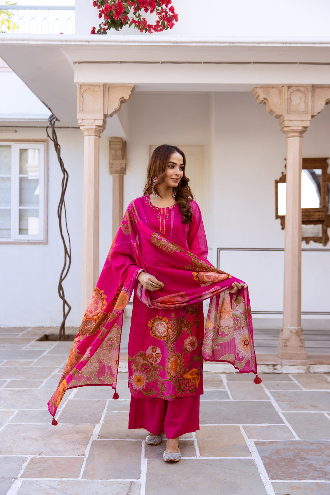Nehamta Women's Rani Pink Linen Flex Kurta With Palazzo & Dupatta set
