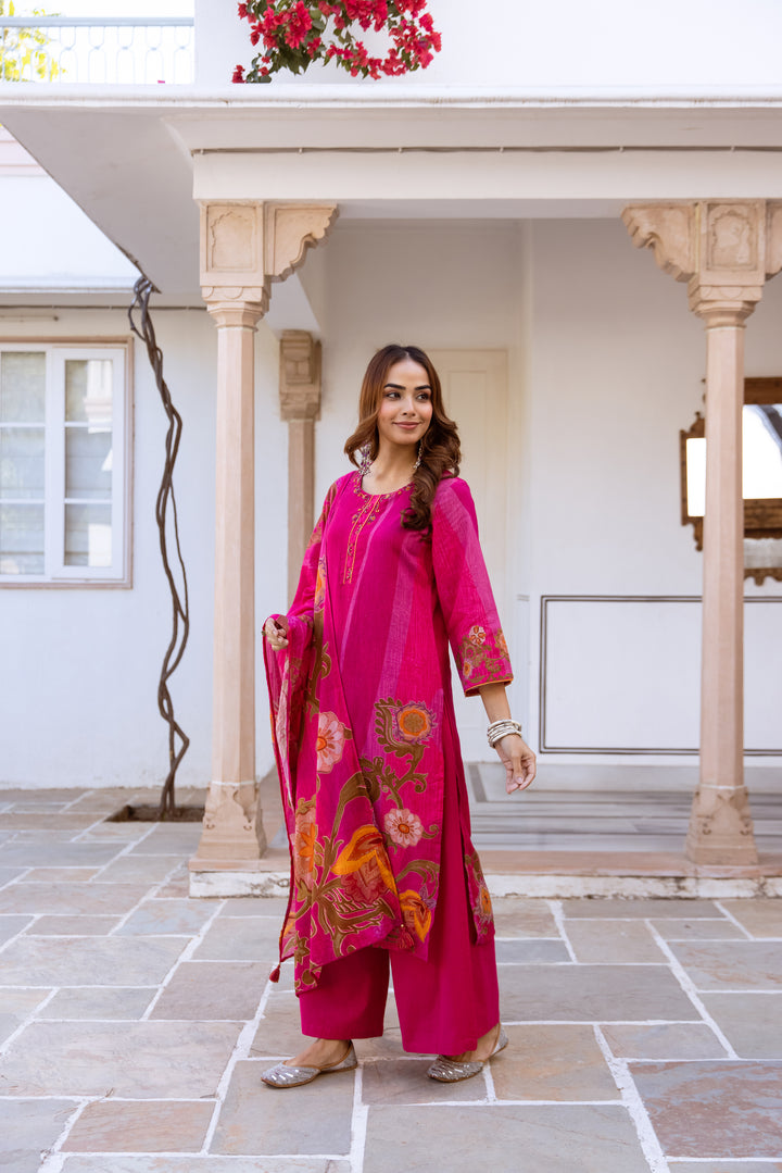 Nehamta Women's Rani Pink Linen Flex Kurta With Palazzo & Dupatta set