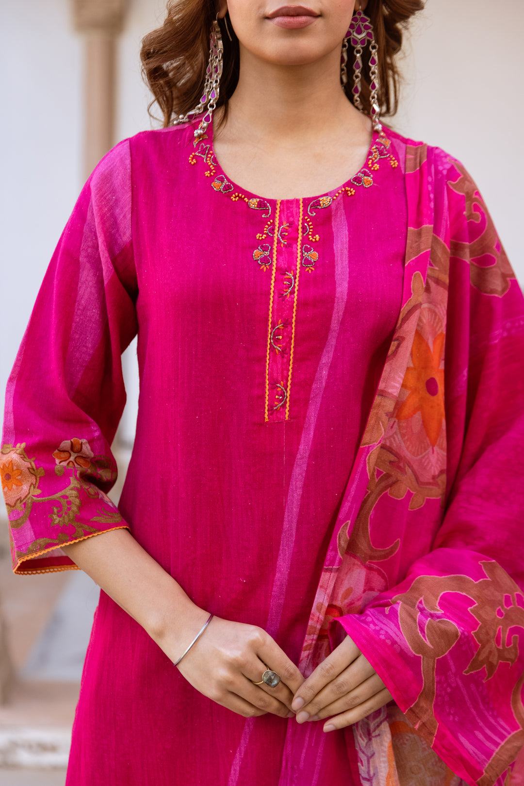 Nehamta Women's Rani Pink Linen Flex Kurta With Palazzo & Dupatta set