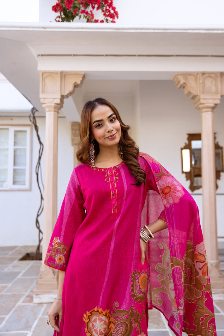 Nehamta Women's Rani Pink Linen Flex Kurta With Palazzo & Dupatta set