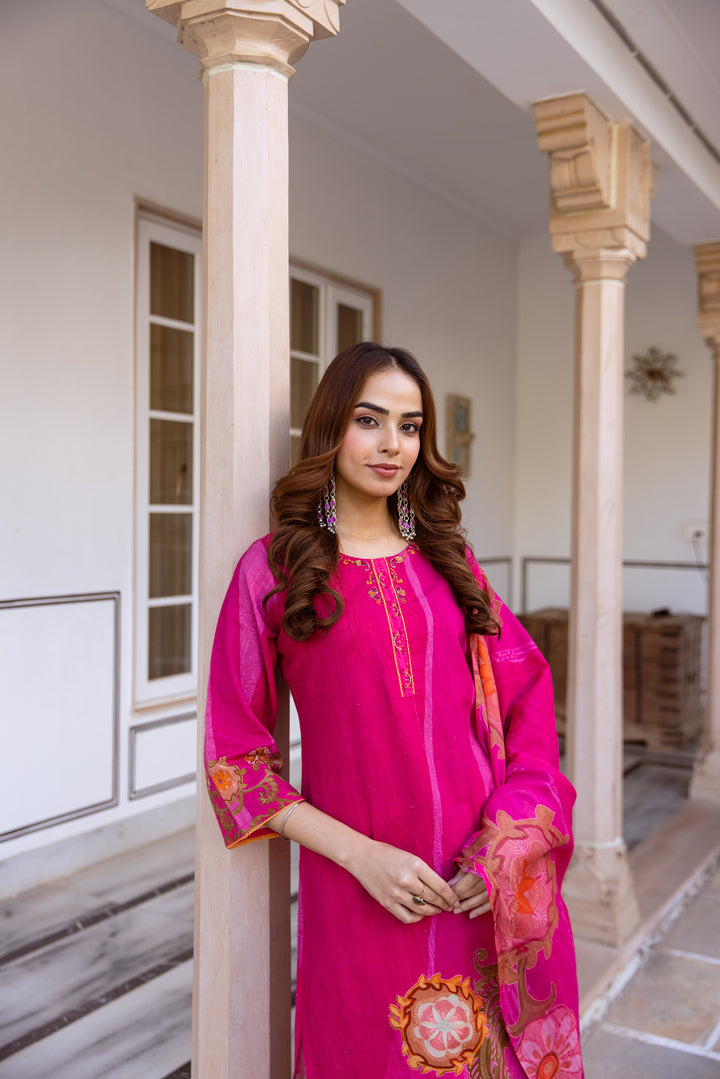Nehamta Women's Rani Pink Linen Flex Kurta With Palazzo & Dupatta set