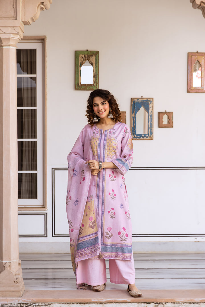 Nehamta Women's Pink Natural Linen Kurta With Palazzo & Dupatta set