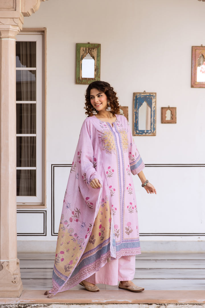 Nehamta Women's Pink Natural Linen Kurta With Palazzo & Dupatta set