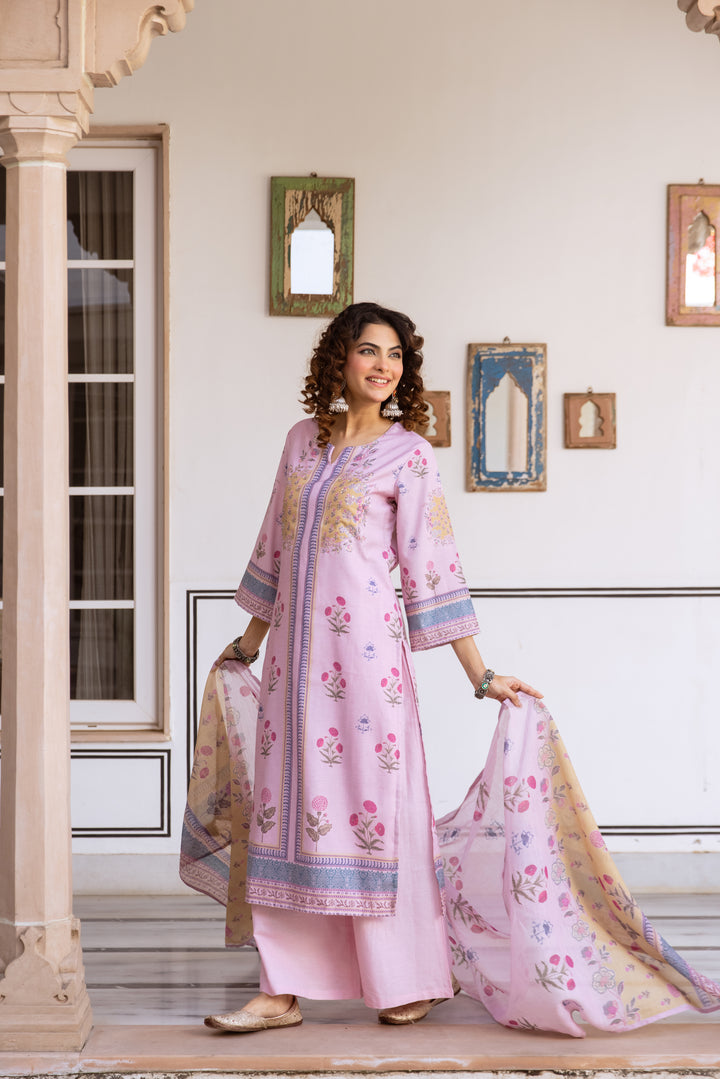 Nehamta Women's Pink Natural Linen Kurta With Palazzo & Dupatta set