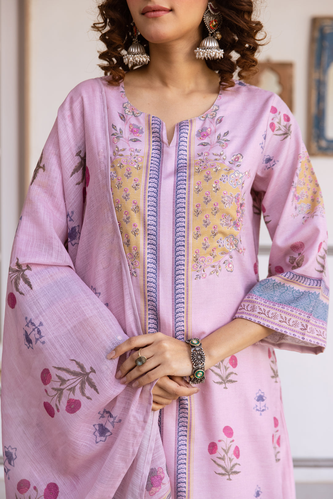 Nehamta Women's Pink Natural Linen Kurta With Palazzo & Dupatta set