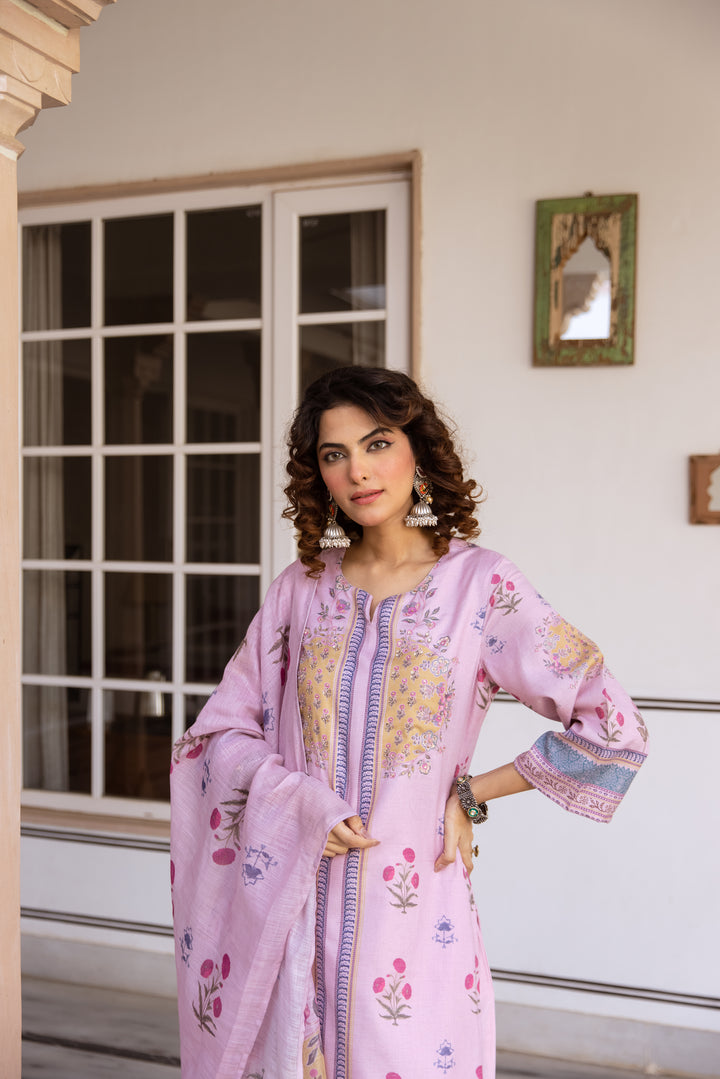 Nehamta Women's Pink Natural Linen Kurta With Palazzo & Dupatta set