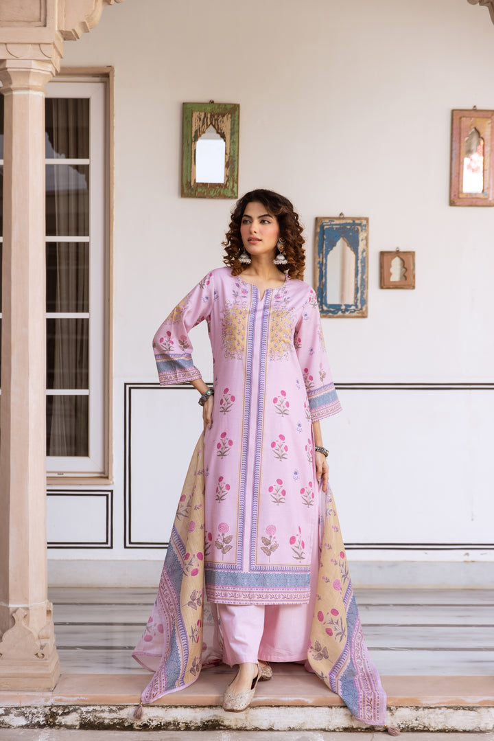 Nehamta Women's Pink Natural Linen Kurta With Palazzo & Dupatta set