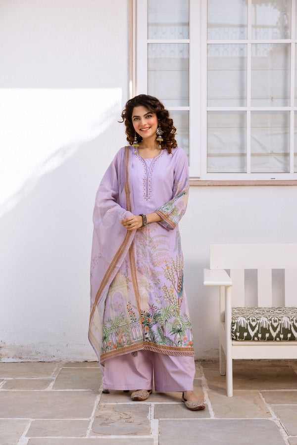 Nehamta Women's Lavender Natural Linen Kurta With Palazzo & Dupatta set