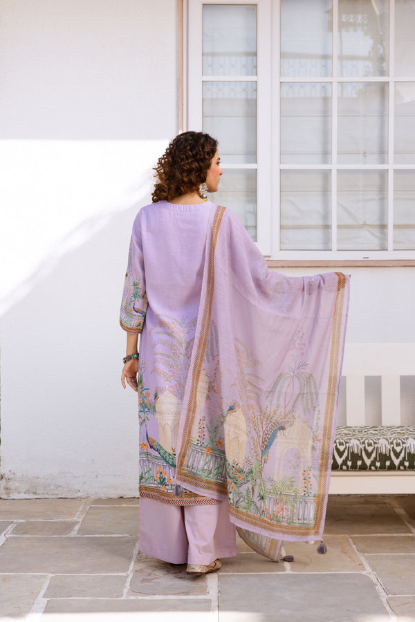 Nehamta Women's Lavender Natural Linen Kurta With Palazzo & Dupatta set