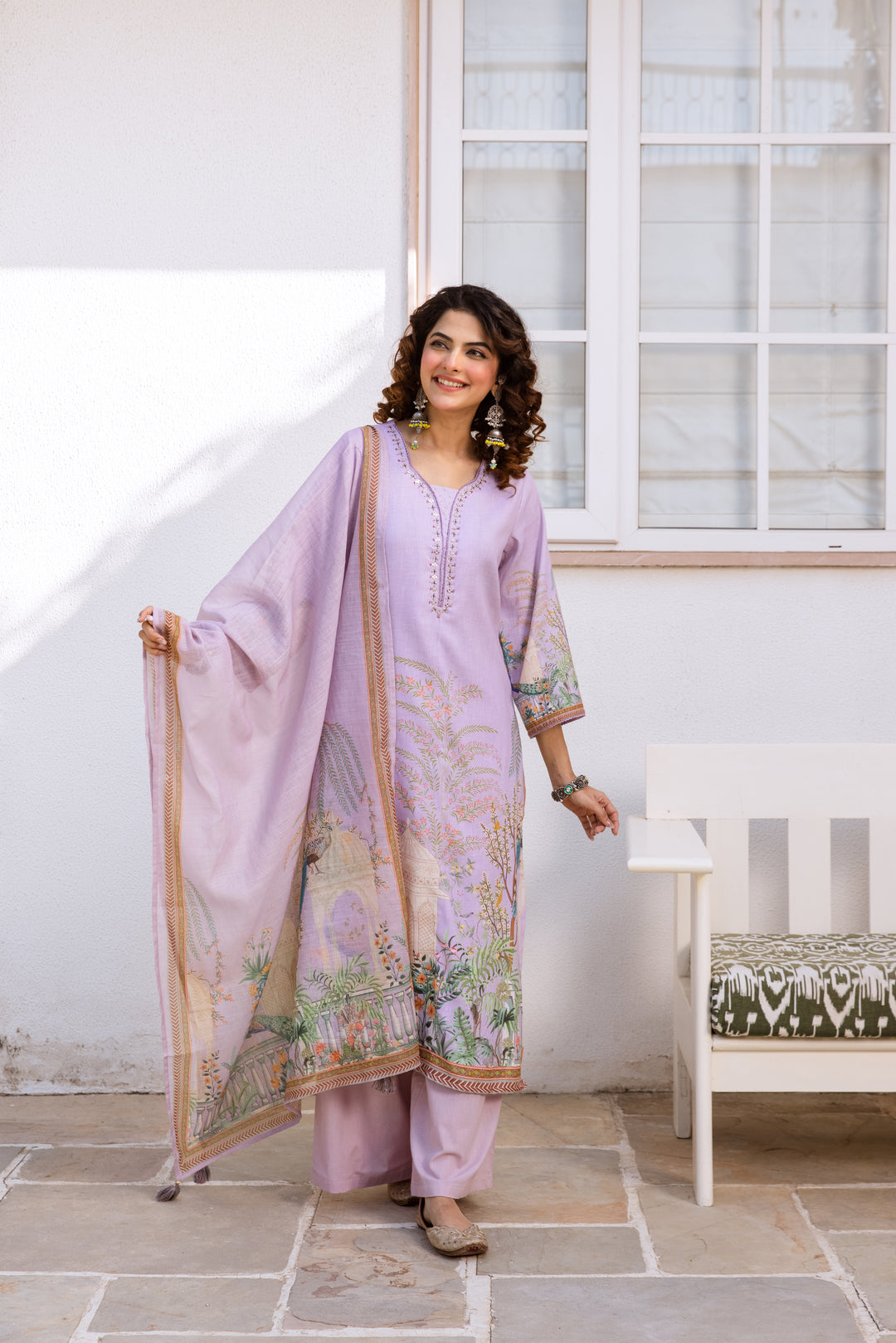 Nehamta Women's Lavender Natural Linen Kurta With Palazzo & Dupatta set