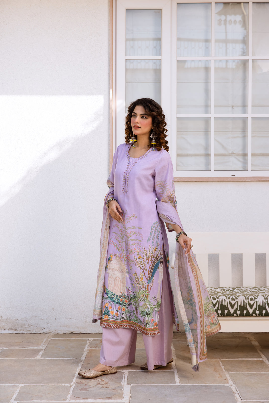 Nehamta Women's Lavender Natural Linen Kurta With Palazzo & Dupatta set