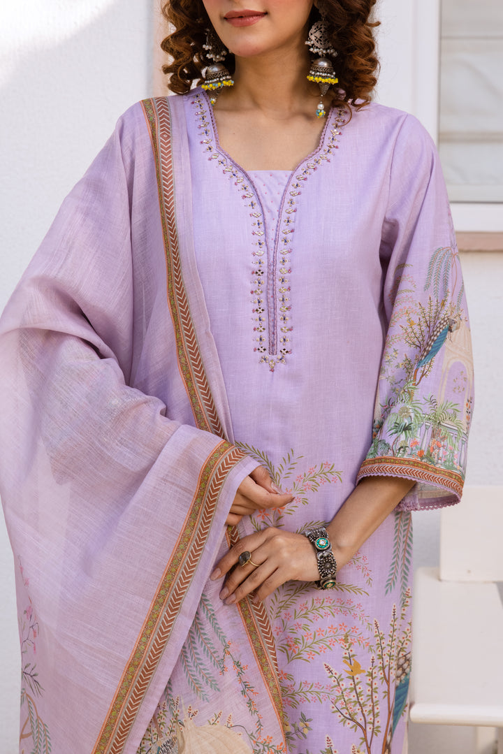 Nehamta Women's Lavender Natural Linen Kurta With Palazzo & Dupatta set