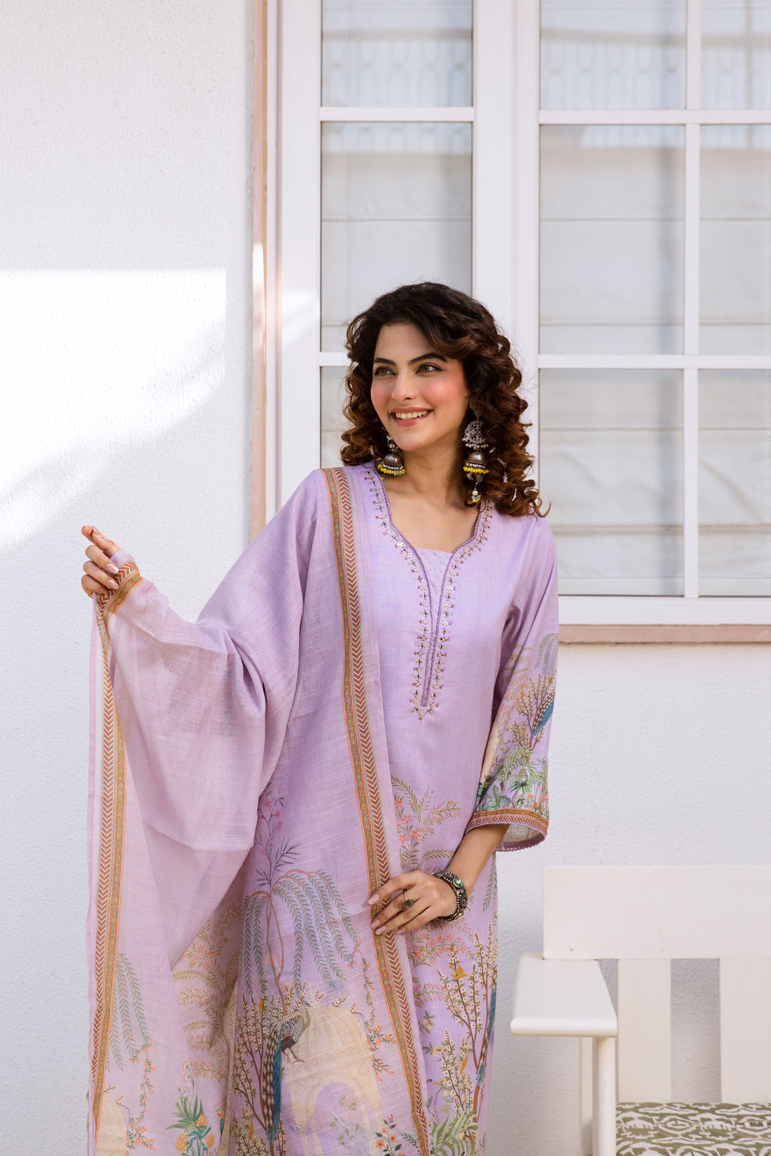 Nehamta Women's Lavender Natural Linen Kurta With Palazzo & Dupatta set